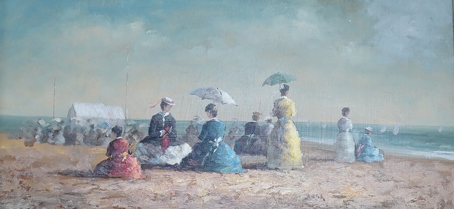 After Eugene Boudin (French, 1824-1898) impressionist oil on board, Figures on a beach, unsigned, 18 x 38cm, ornate gilt frame. Condition - good